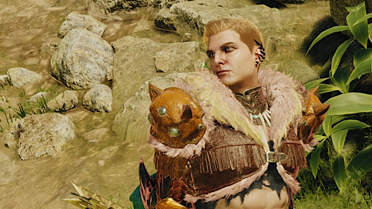 A hunter in Monster Hunter Wilds shows off their snazzy new earring while striking a pose.