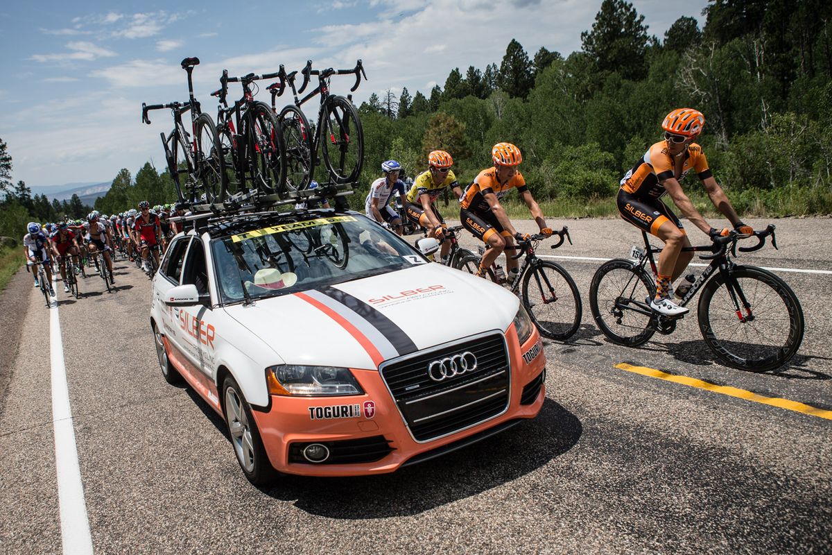 The Silber car comes to the front to give riders direction