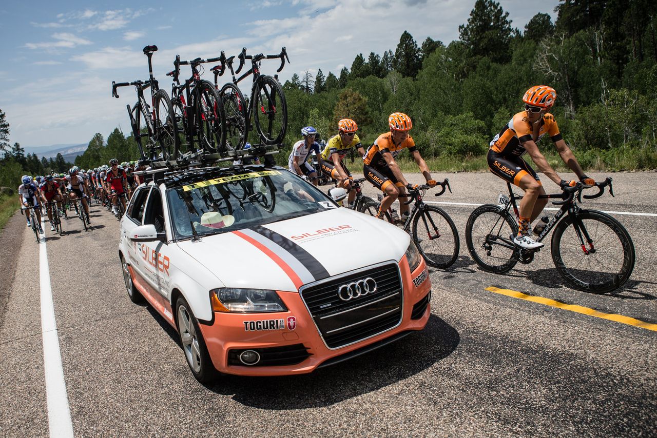 The Silber car comes to the front to give riders direction