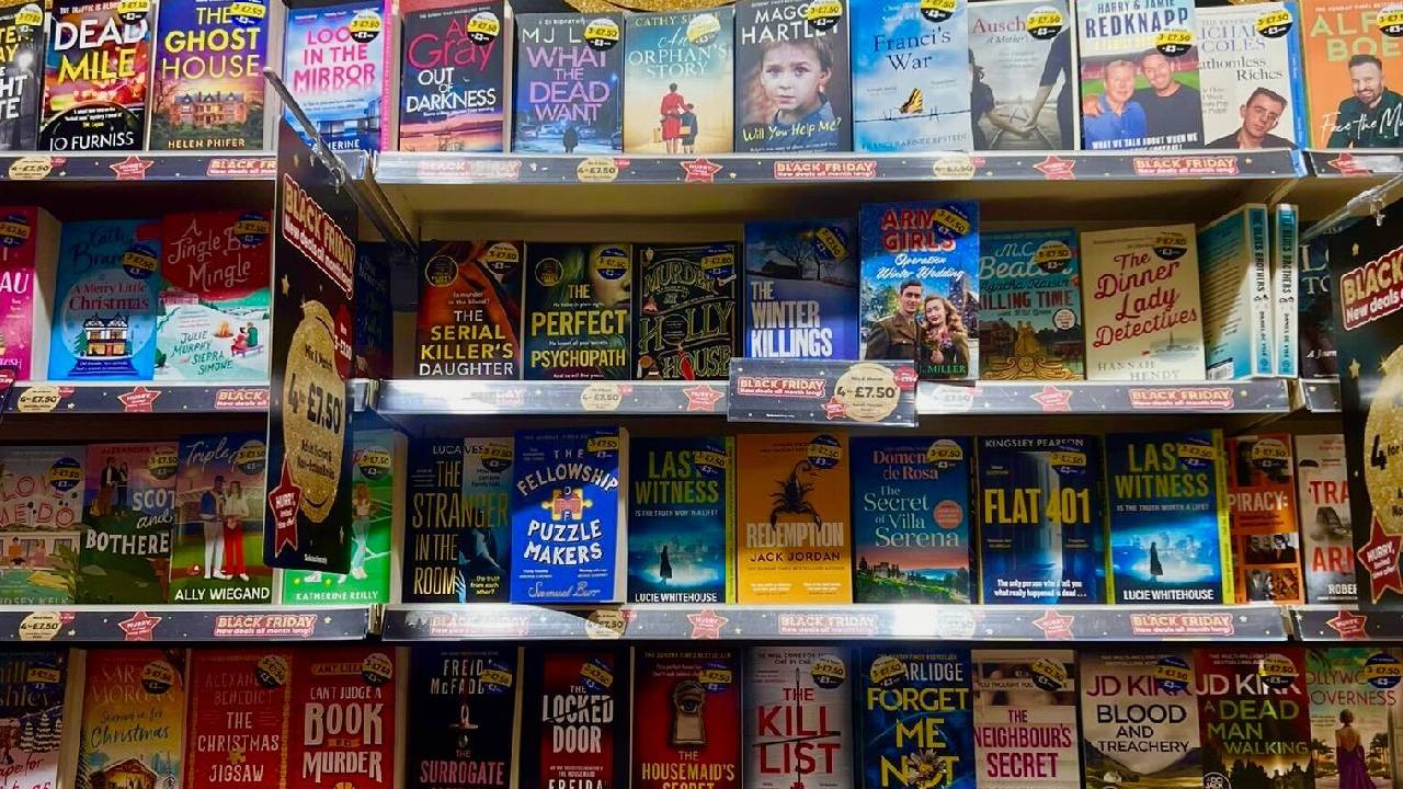 A book shelf in The Works store