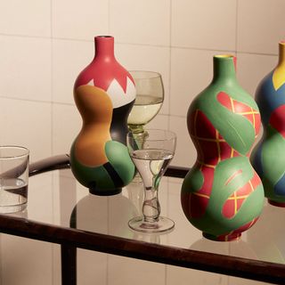 Colourful vases and wine glasses