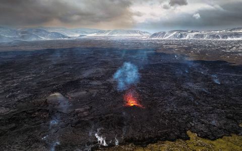 An aerial view of the volcano on the Reykjanes peninsula in south west Iceland which has erupted after weeks of intense earthquake activity, on December 20, 2023 in Grindavik, Iceland.