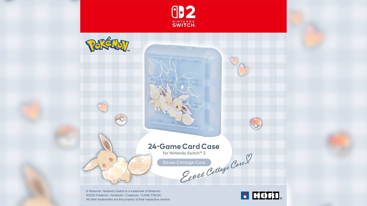 Official promo image of the Hori Eevee Cottage Core case - a small baby blue square case with art of two Eevees cuddling into one another.
