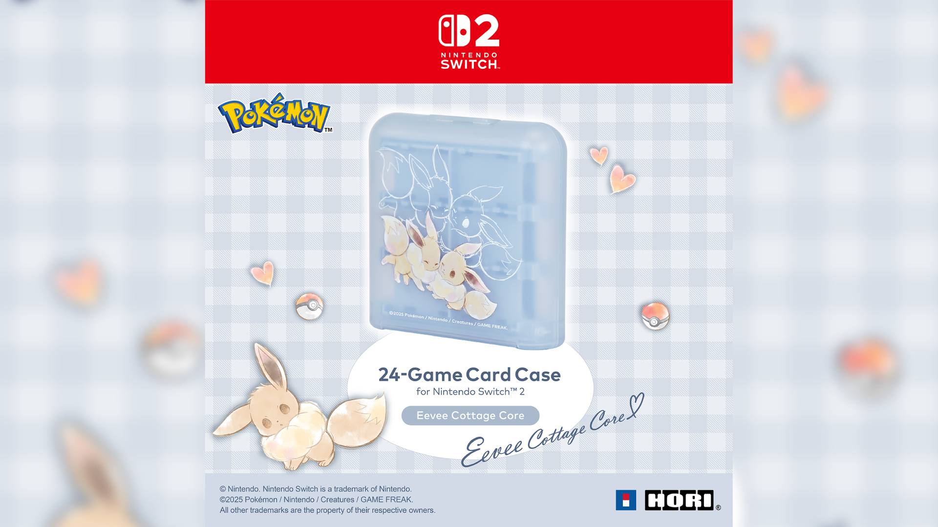 Official promo image of the Hori Eevee Cottage Core case - a small baby blue square case with art of two Eevees cuddling into one another.