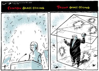 Political cartoon U.S. Hillary Clinton Donald Trump glass ceiling