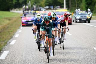 LE GRAND BORNAND FRANCE AUGUST 17 Marianne Vos of The Netherlands and Team Visma Lease a Bike Green points jersey competes in the breakaway during the 3rd Tour de France Femmes 2024 Stage 7 a 1664km stage from Champagnole to Le Grand Bornand 1265m UCIWWT on August 17 2024 in Le Grand Bornand France Photo by Dario BelingheriGetty Images