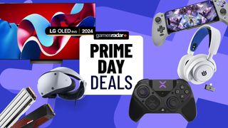 Prime Day PS5 accessories scattered over a blue background