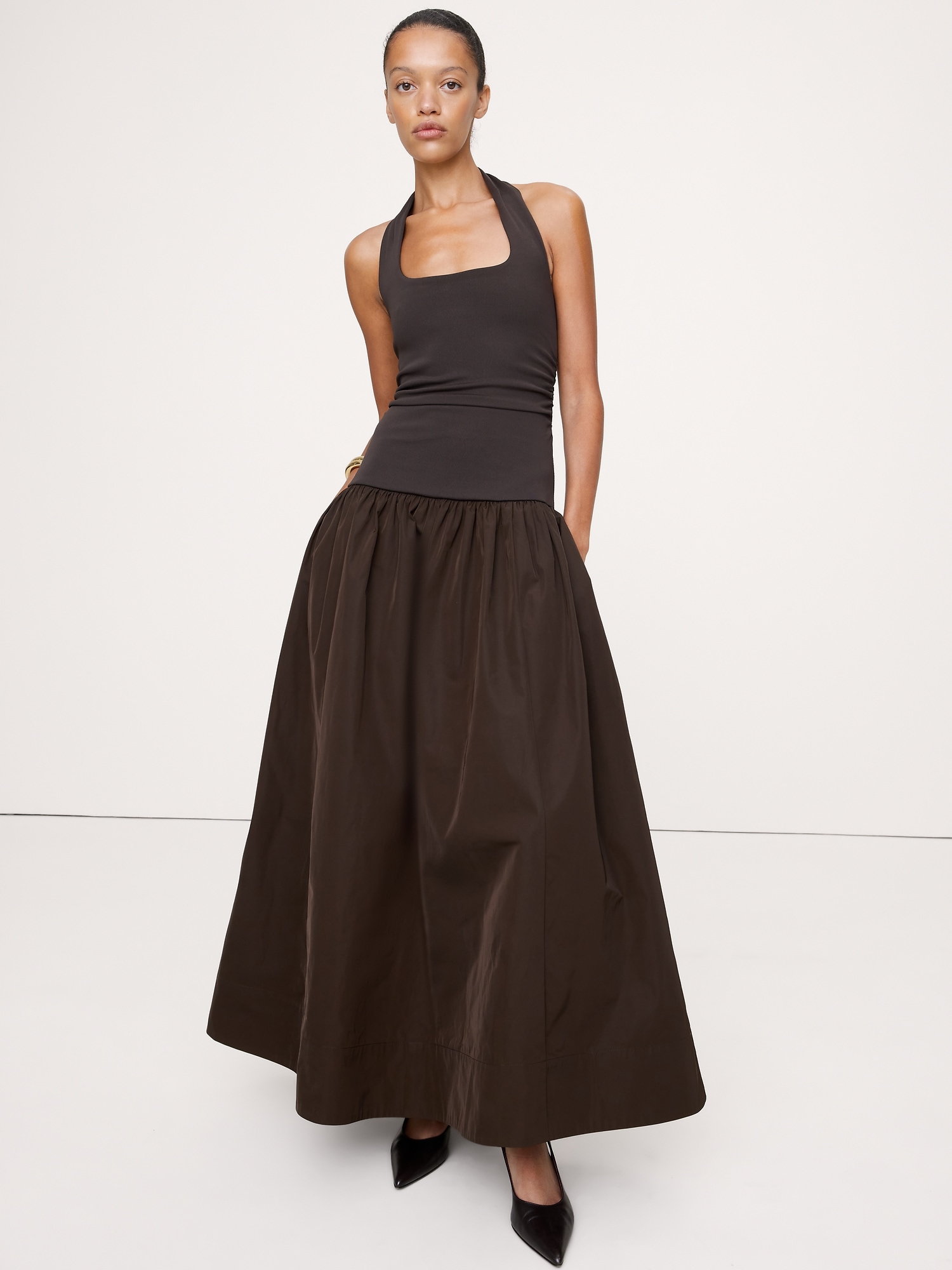 Jersey &amp;amp; Taffeta Halter Maxi Dress