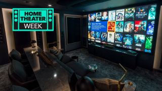 Home theater with projection screen showing Kaleidescape interface