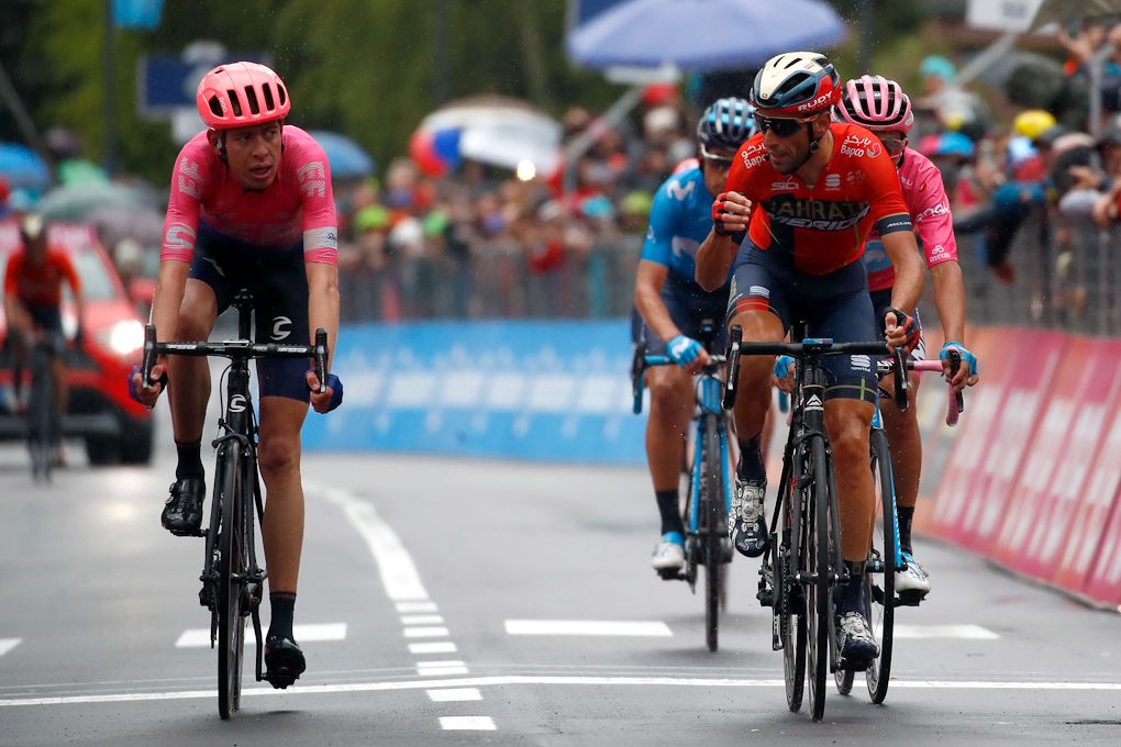 Vincenzo Nibali has words for Hugh Carthy at the end of stage 16 at the Giro