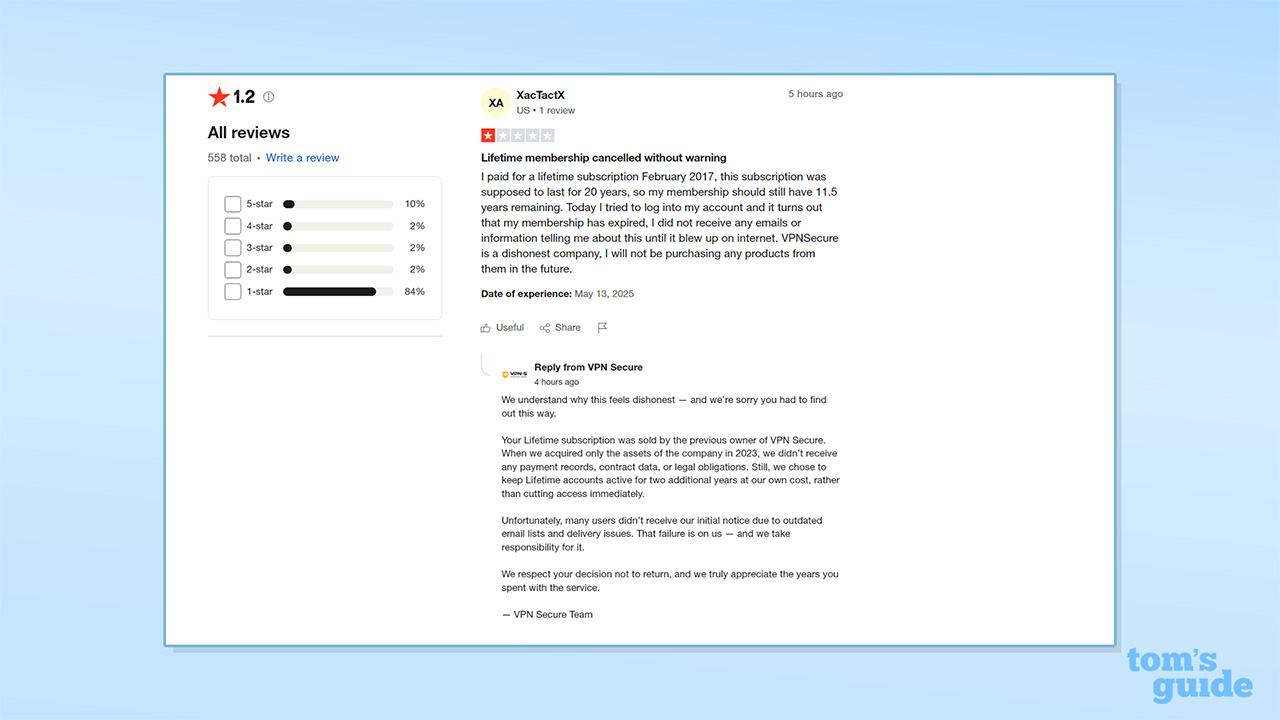 Screenshot of negative VPNSecure review on Trustpilot and the provider's response