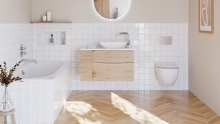 bright bathroom with built in bath and herringbone floor