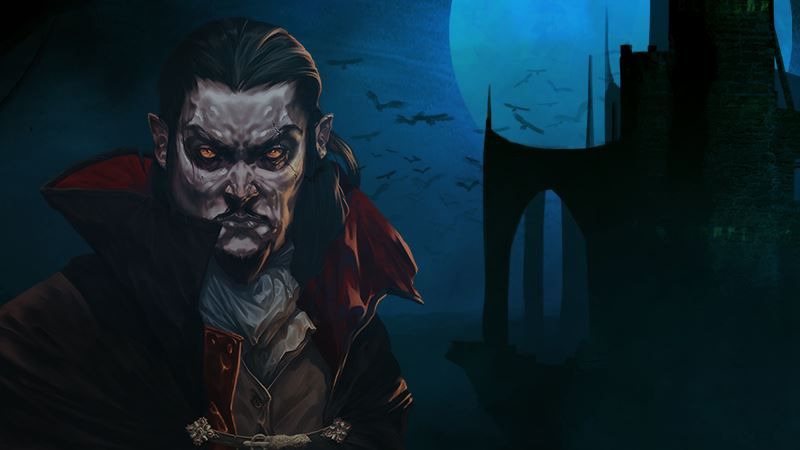 A vampire with a dark castle and swarms of bats in the background.