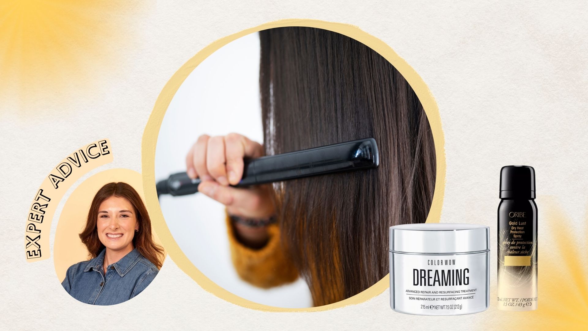 collage of beauty editor Jess Beech, Getty image of woman straightening her hair and cut out images of Color Wow Dreaming Mask and Oribe Dry Heat Protect Spray