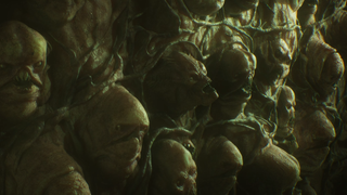 A wall of flesh-faces, forming the hull of a spaceship, lets out a series of awful groans in Exodus, a new RPG by Archetype Entertainment.