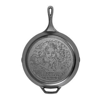 Lodge 13.25 Inch Dolly Parton Pre-Seasoned Cast Iron Stamped Skillet - Signature Teardrop Handle - Use in the Oven, on the Stove, on the Grill, or Over a Campfire - Clear Blue Morning