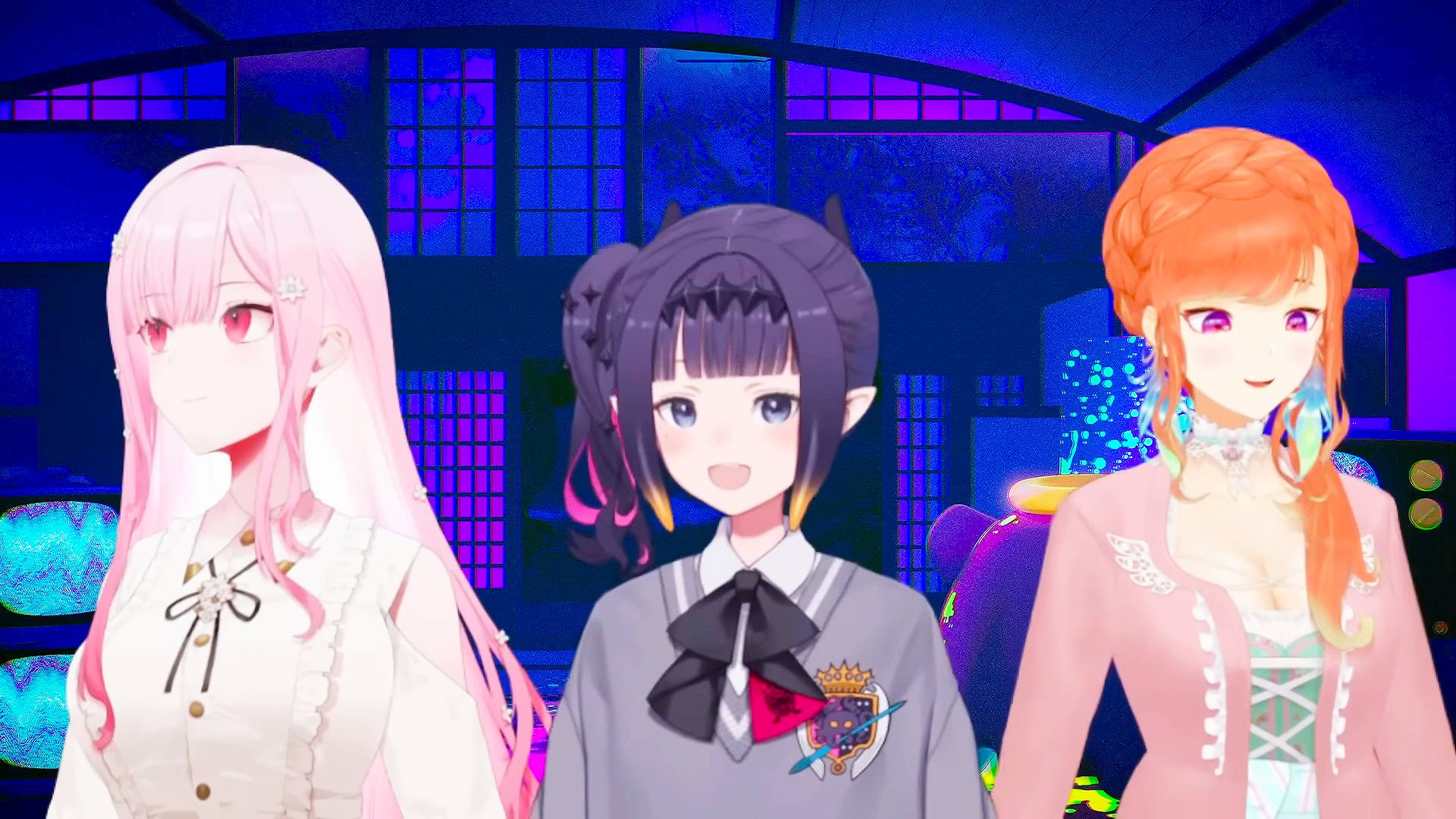 A screencap of a Hololive English stream. Three 2D anime girl avatars are next to each other. The one on the left has long pink hair and red eyes. In the middle is a girl wearing a formal outfit with purple hairs and tentacle bangs. And on the right is a girl wearing pink with bright orange hair and purple eyes. 