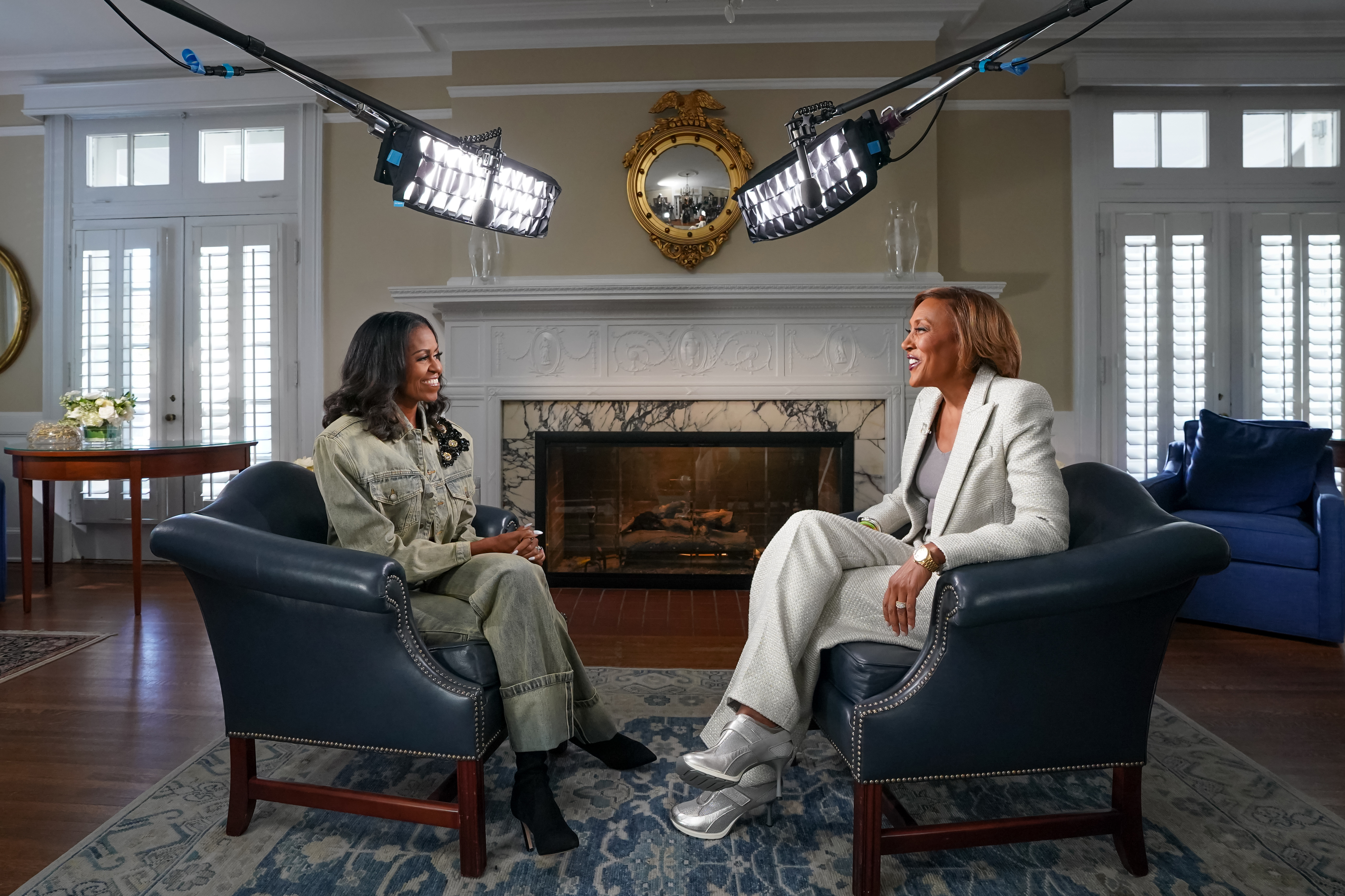 Michelle Obama joined Robin Roberts for an exclusive interview while wearing a double-denim outfit