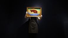 A painting by David Hockney called 'Dog Painting 17' is displayed at Christie's auction rooms in London, United Kingdom
