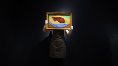A painting by David Hockney called 'Dog Painting 17' is displayed at Christie's auction rooms in London, United Kingdom