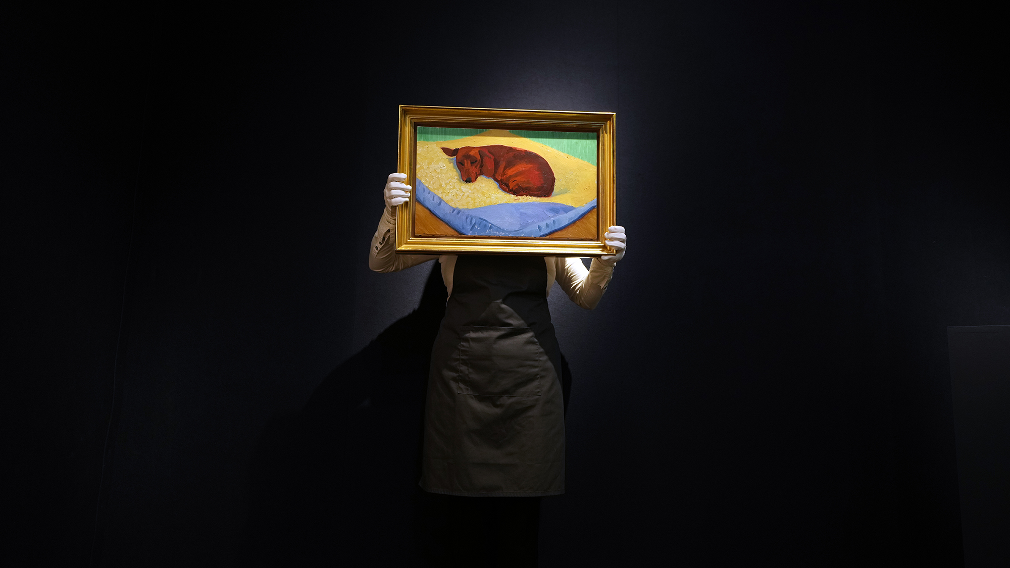 A painting by David Hockney called 'Dog Painting 17' is displayed at Christie's auction rooms in London, United Kingdom