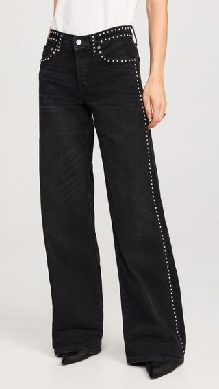 Studded Mid Rise Wide Leg Jeans