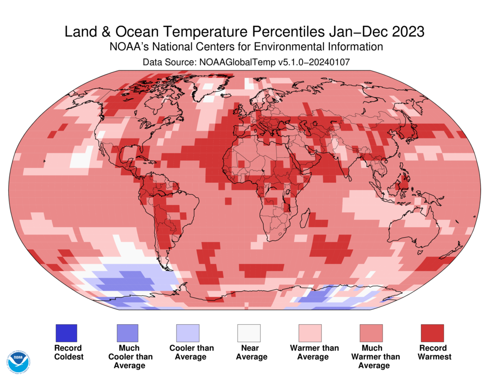 A map showing the severity of temperatures in 2023.