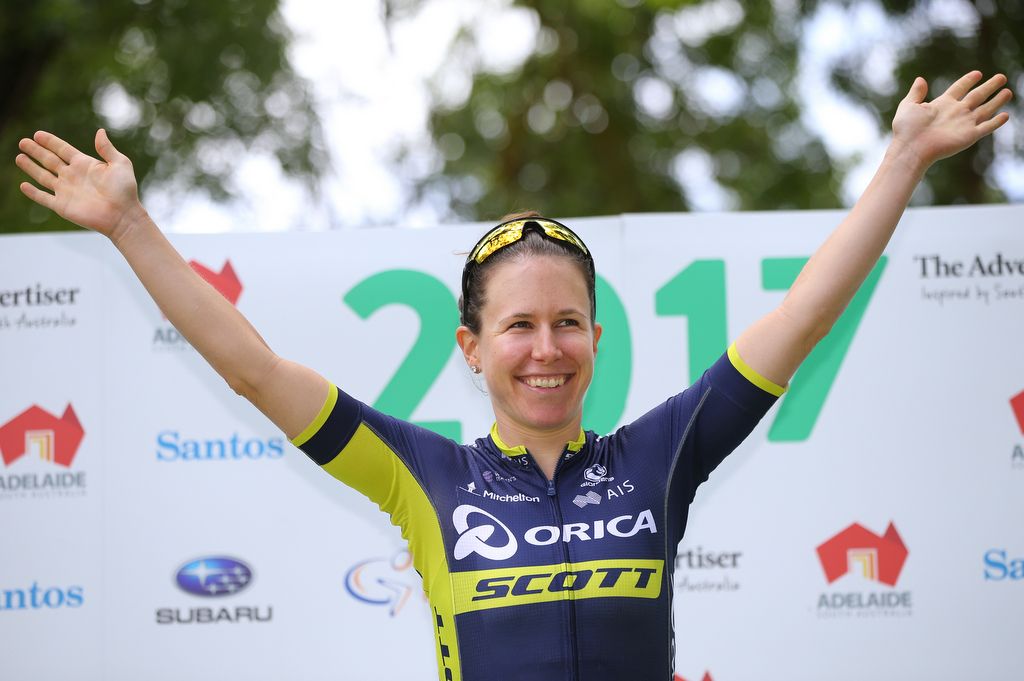 Stage winner Amanda Spratt (Orica-Scott) on the podium