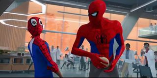Spider-Man: Into The Spider-Verse Miles and Peter frozen in the cafeteria