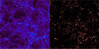 distribution of dark matter when the universe was about 3 billion years old, obtained from a numerical simulation of galaxy formation. The left panel displays the continuous distribution of dark matter particles, while the right panel highlights the dark matter halos for the formation of star-bursting galaxies with a minimum dark matter halo mass of 300 billion times that of the sun.