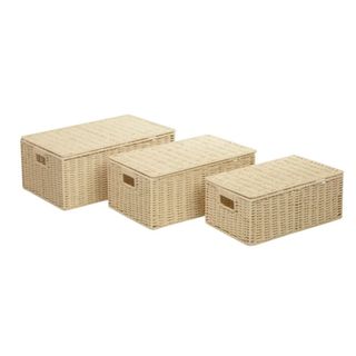 Three woven rectangular baskets with lid, large, medium and small left to right