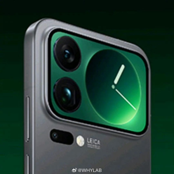A leaked rendering of the Xiaomi 17 series' external display, which resembles a large camera visor on its rear panel, with two camera lenses inside.