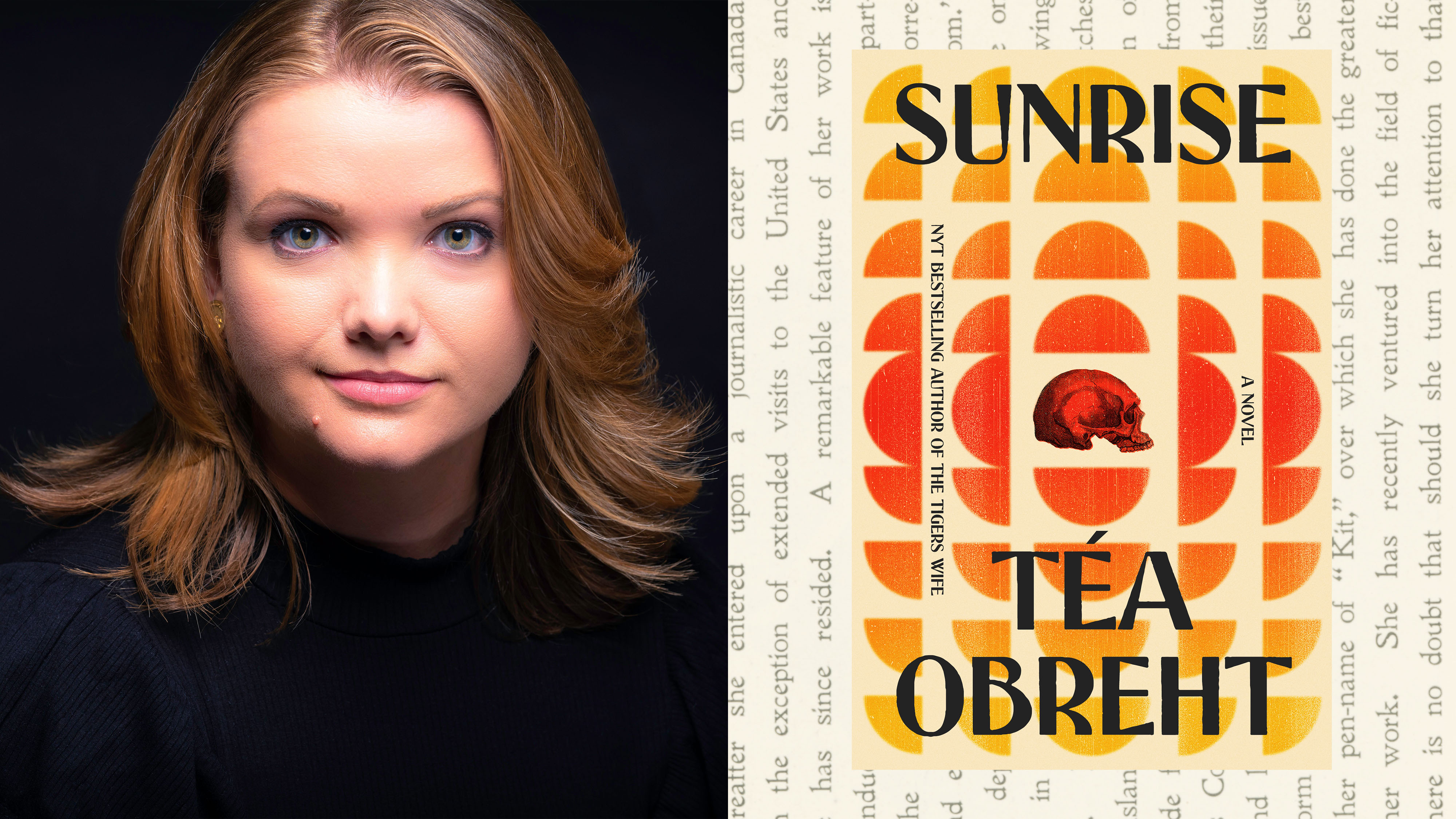 a split image of author tea obreht's headshot of her in a black turtleneck and the cover of her new western novel sunrise featuring an orange and red designer