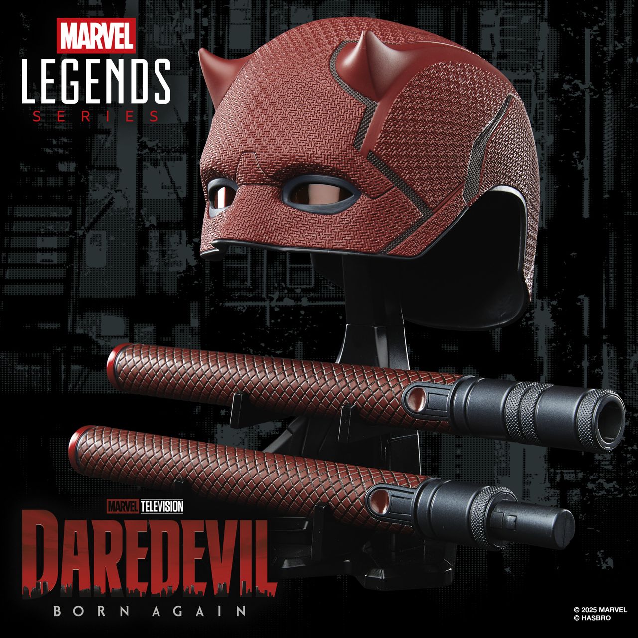 Marvel Legends Series Daredevil replica helmet and Billy Club against a dark background with a city-scape pattern, alongside the Marvel Legends Series and Daredevil: Born Again logos