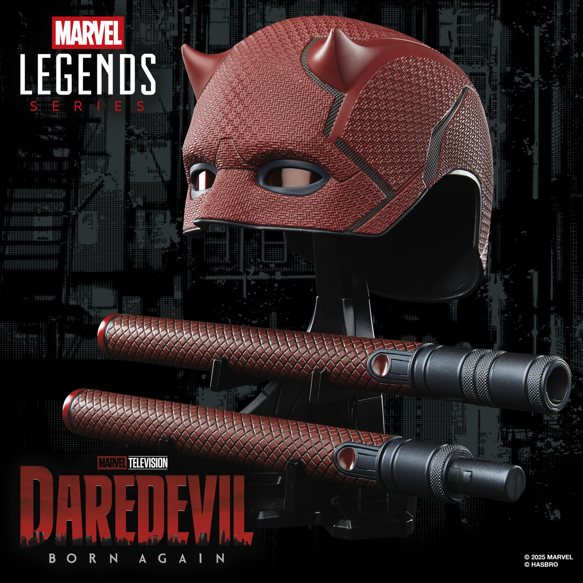 Marvel Legends Series Daredevil replica helmet and Billy Club against a dark background with a city-scape pattern, alongside the Marvel Legends Series and Daredevil: Born Again logos