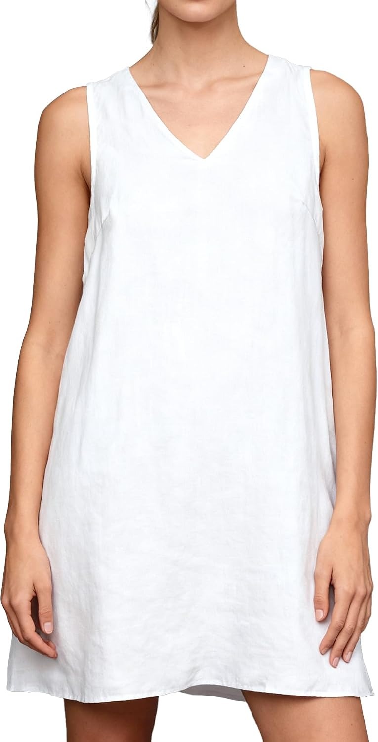Amazhiyu Womens 100% Linen Summer V Neck Sleeveless Back Keyhole Mini Tank Dress White, Small