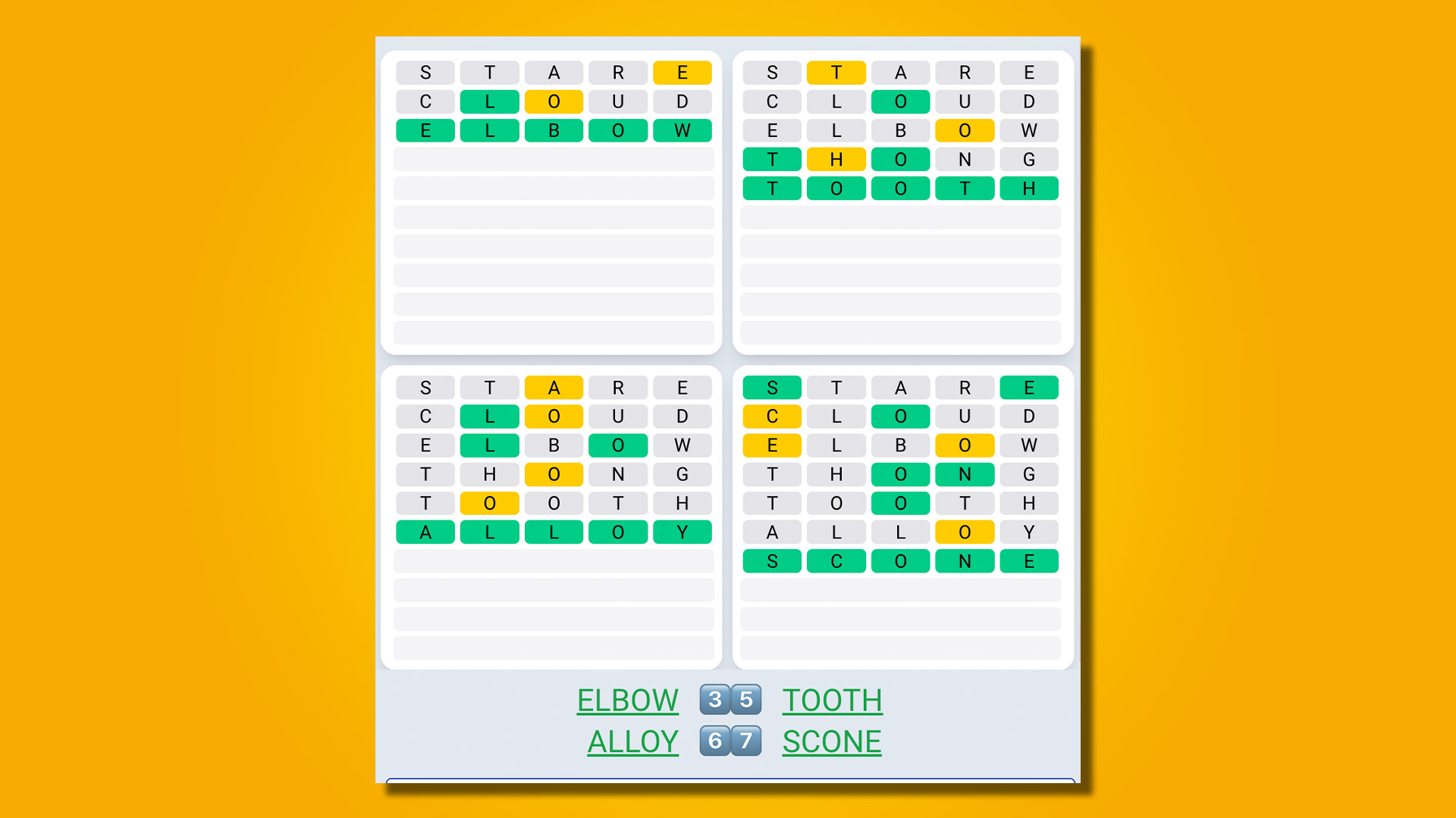 Quordle Daily Sequence answers 460 on a yellow background