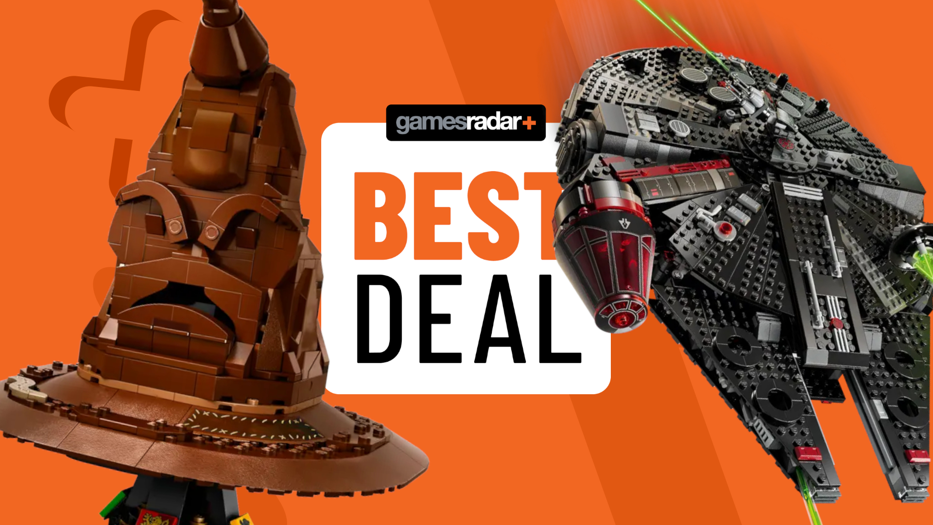 Lego Talking Sorting Hat and Dark Falcon sets on either side of a GamesRadar+ best deal badge, all against an orange background