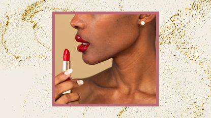 A gold sparkly frame containing a close up shot of a woman turned in profile holding a red lipstick, with red glossy lips and pearl earrings