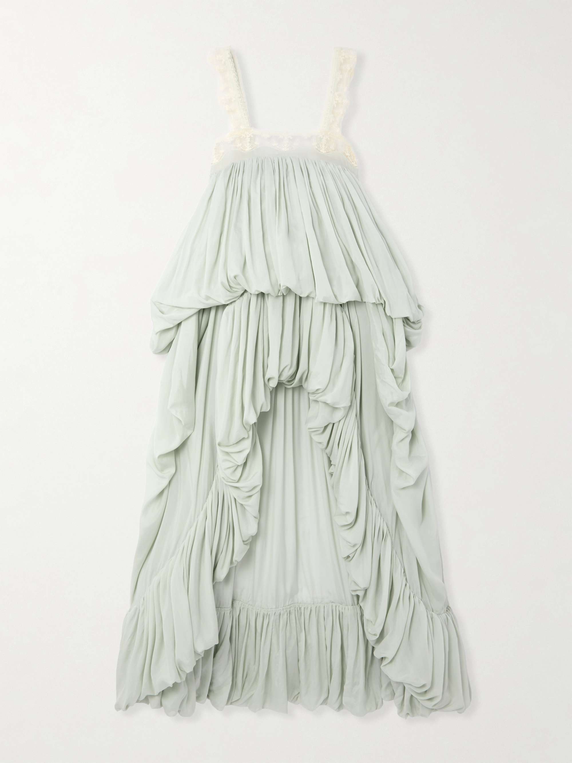 Lace-Trimmed Tiered Gathered Silk-Chiffon Gown