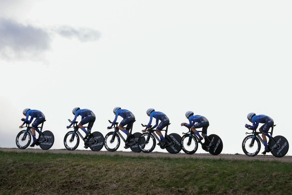 Movistar Team competes during the 3rd stage of the Paris-Nice cycling race, 26,9 km team time trial between Auxerre and Auxerre, on March 5, 2024. (Photo by Thomas SAMSON / AFP)