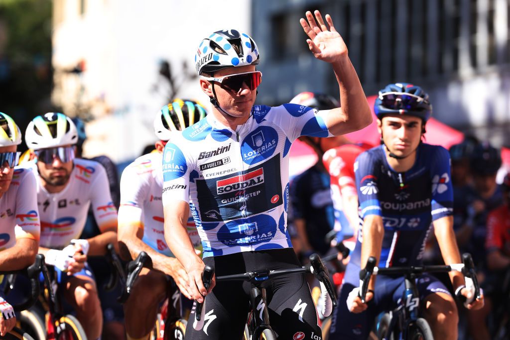POLADEALLANDE SPAIN SEPTEMBER 14 Remco Evenepoel of Belgium and Team Soudal Quick Step Polka dot Mountain Jersey prior to the 78th Tour of Spain 2023 Stage 18 a 1789km stage from Pola de Allande to La Cruz de Linares 840m UCIWT on September 14 2023 in Pola de Allande Spain Photo by Alexander HassensteinGetty Images