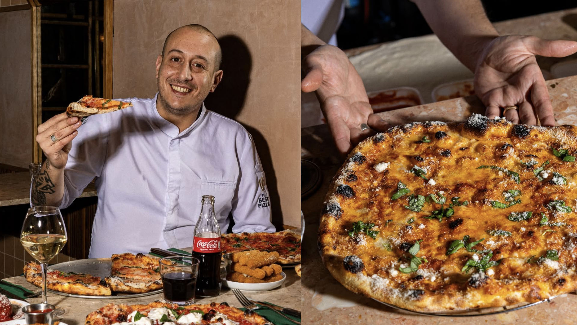 A photo of a pizza and a pizza chef. 