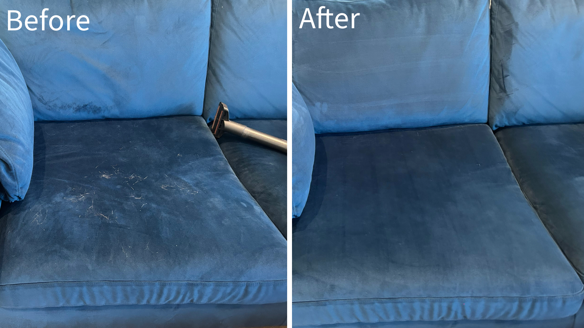 Before and after photo collage of Megan's sofa with and without vacuum use