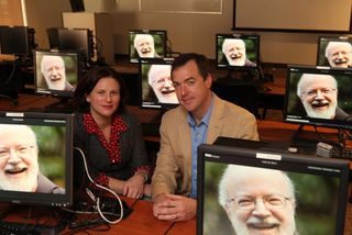 William & Mary psychological scientists Jennifer Stevens and Peter Vishton sit in a conclave of images of their pick for the new Roman Catholic pope. They based their choice on the results of a survey of facial characteristics of the candidates.