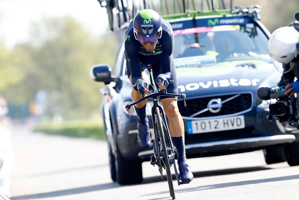Movistar's Alejandro Valverde on course during the Giro's stage 1 time trial.