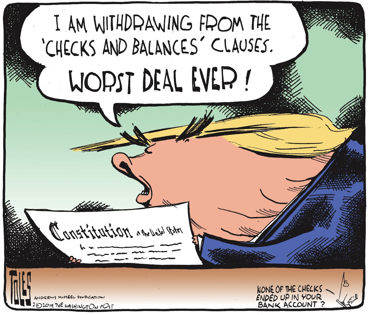 Political Cartoon U.S. Trump Check and balances withdrawal