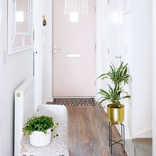 White hallway with wooden flooring and a pink painted front door