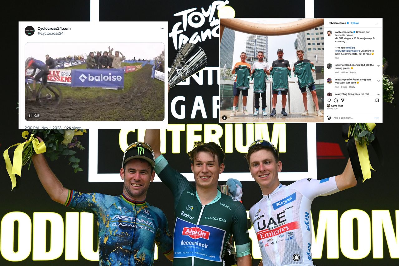 Mark Cavendish, Jasper Philipsen and Tadej Pogačar on the podium of the Singapore Criterium