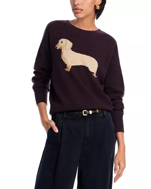 Aqua 100% Cashmere Dachshund Dog Intarsia Sweater - Exclusive